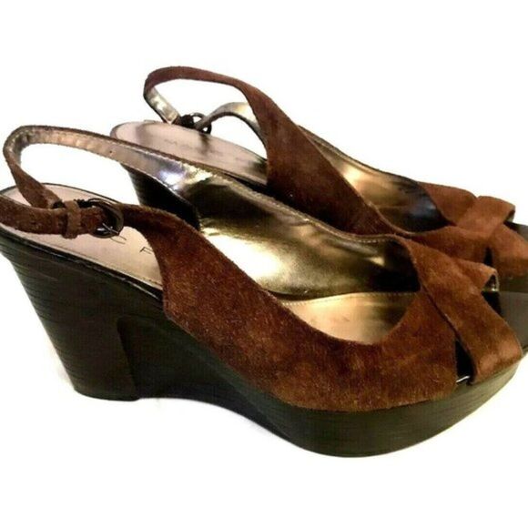 Marc Fisher Wedge Shoes Heels Sandals Brown Suede Y - Picture 6 of 8
